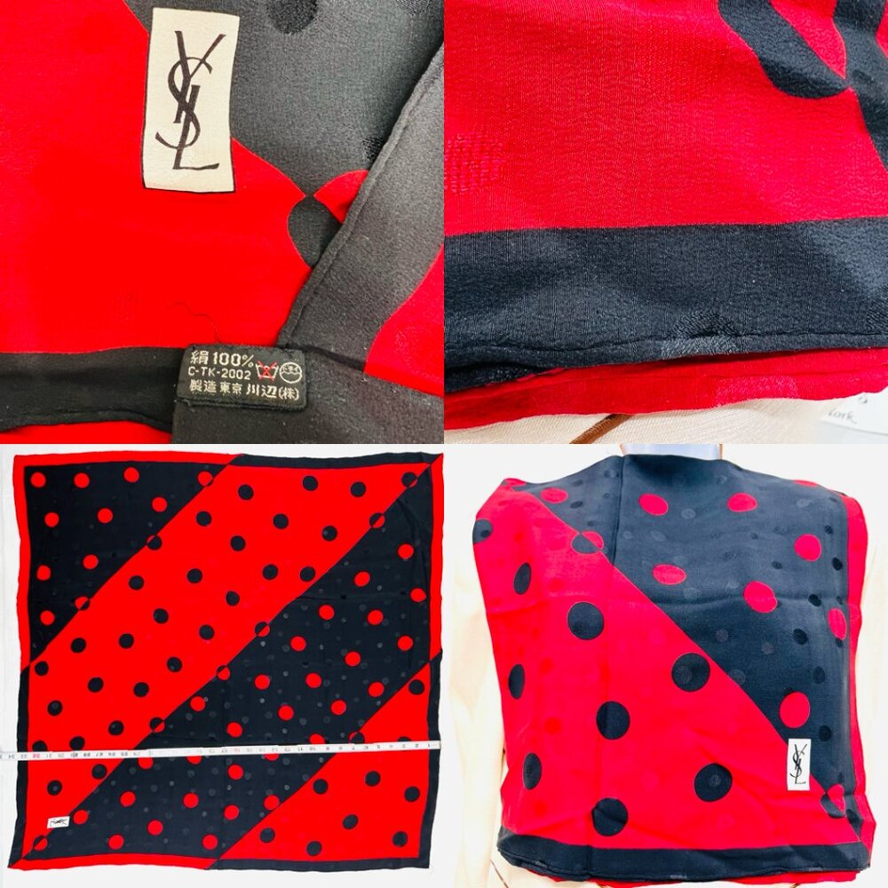 Yves Saint Laurent 100% Silk Satin scarf 33"  black red pocka dots (66 - Picture 8 of 13